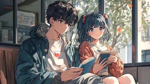 Two anime teens share a quiet, sunlit reading moment together