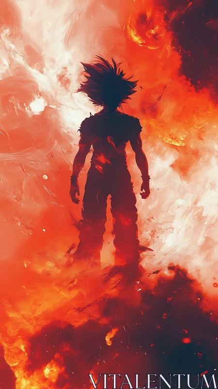 Silhouetted figure in red and white swirling fiery environment.