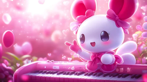 Cute bunny pianist performs in radiant pink fantasy scene.