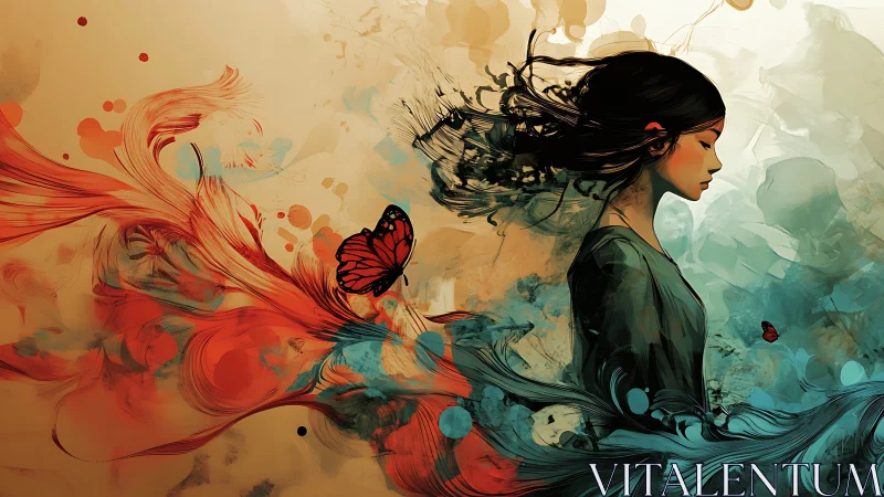 Profiled woman amid dual flowing color fields and butterflies