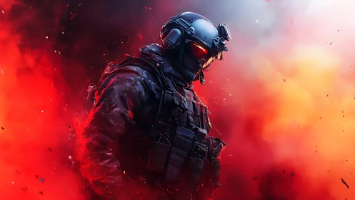Armored futuristic soldier stands amid blazing red smoke