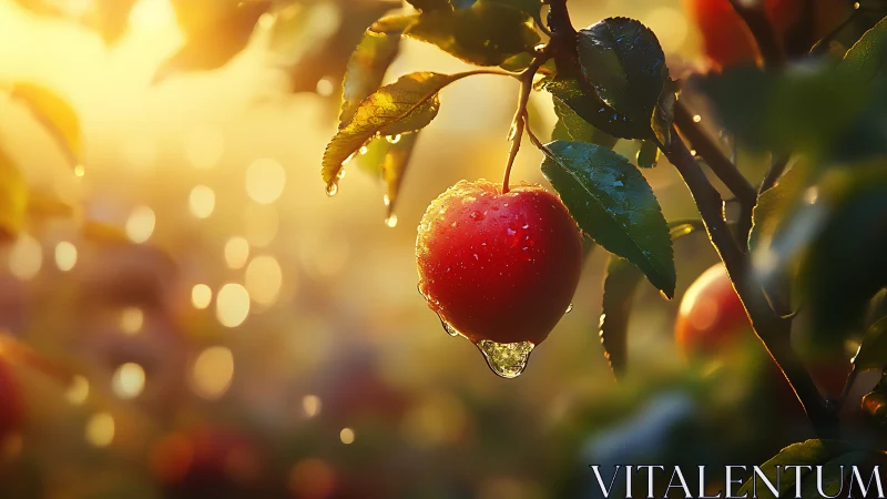 Sunlit dewy apple on branch with glowing bokeh background.