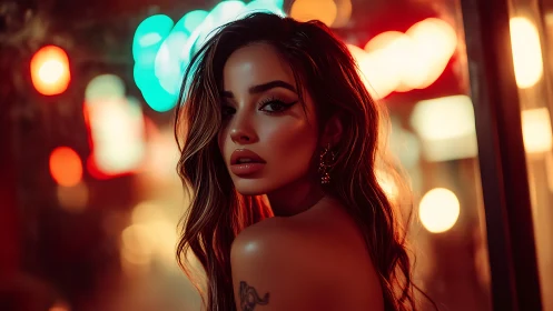 Cinematic bokeh portrait with neon backlighting and warm tones