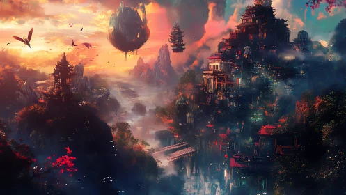 Suspended pagoda citadels in luminous misty valley at dusk