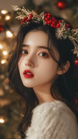 Soft winter glow with festive berry crown and gentle gaze.