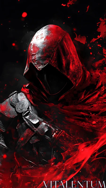 Crimson hooded assassin in shadow with dynamic red shards.