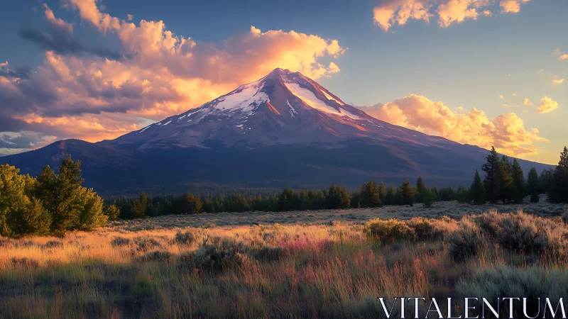 Snow-capped stratovolcano rises above forested plain at sunset