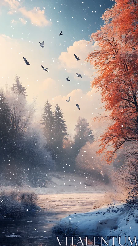 Digital painting of winter river valley with migratory birds.