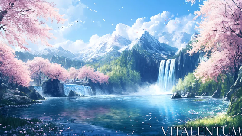 Cherry blossom cascades embrace crystalline mountain lake.