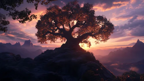 Ancient mountain tree glows against a radiant sunset sky.