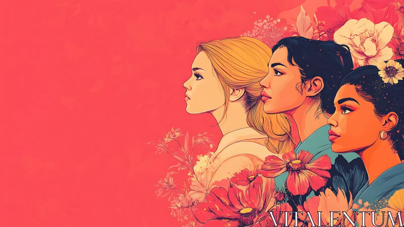 Three Diverse Women in Profile with Floral Art on Vibrant Coral.