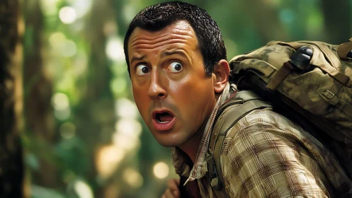 Shocked backpacker reacts to unseen danger in lush jungle