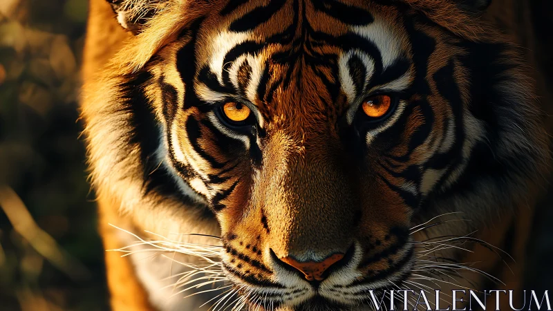 Tiger eyes burn through shadow with searing golden light.