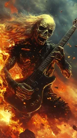 Flaming skeletal guitarist plays electric guitar mid inferno