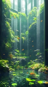Vertical indoor aquatic garden with waterfalls and fish.