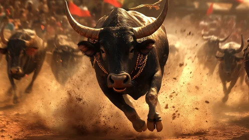 Powerful buffalo charge in a cloud of golden dust.