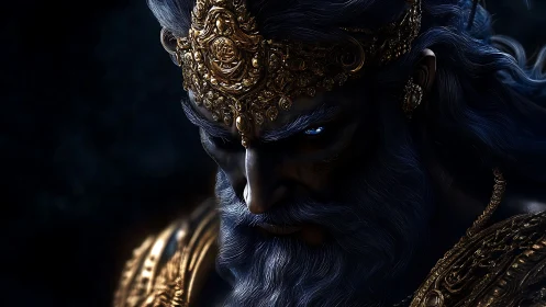 Storm-eyed god-king broods beneath a crown of molten dusk