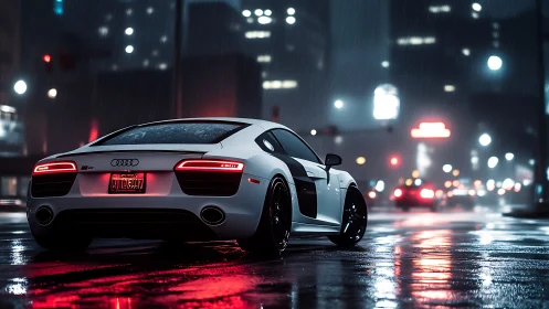 White sports coupe on wet city street at night in rain.