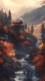 Tiered autumn waterfalls beneath alpine timber outpost.