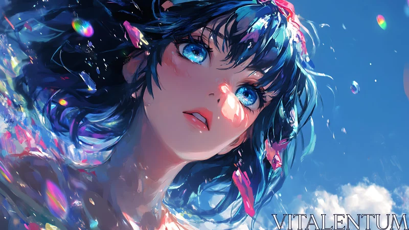 Iridescent anime portrait with blue hair under vivid sky
