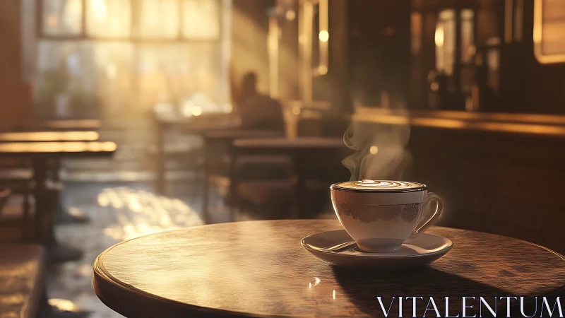 Steaming coffee cup on wooden café table in soft light.