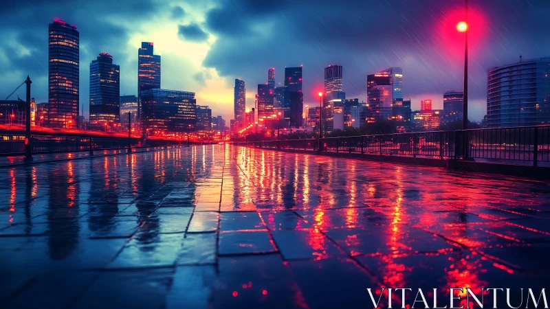 Cyberpunk skyline over wet neon promenade at nightfall.