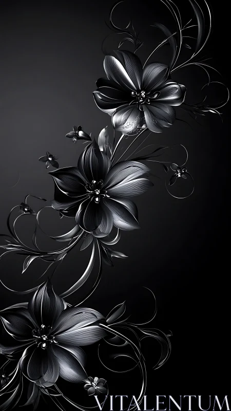 Monochromatic Digital Floral Composition with Volumetric Petal Rendering and Organic Curl Elements