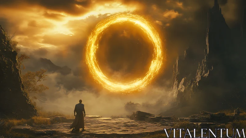 Lone figure below luminous circular portal in rocky valley.