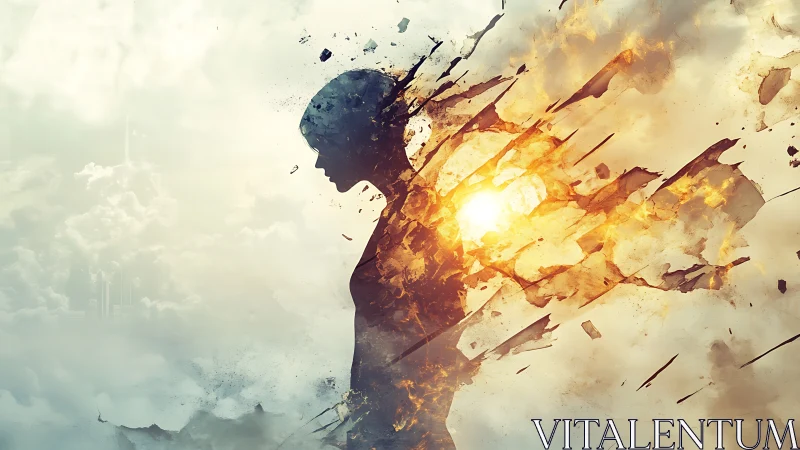 Silhouetted human form dissolving into fiery sky fragments.