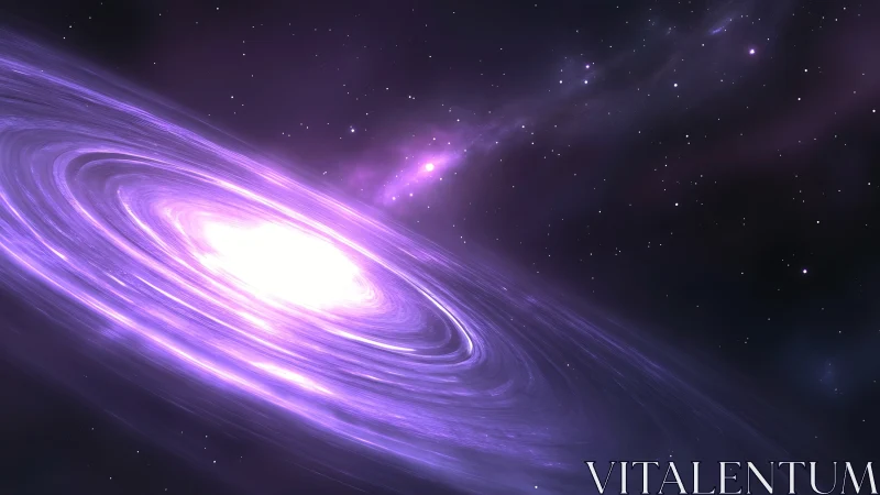 Violet accretion disk simulation around luminous galactic core.
