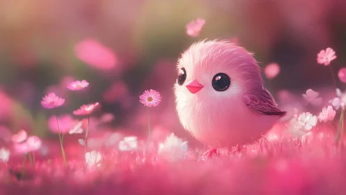 Pink Avian Character in Blooming Floral Field Environment.