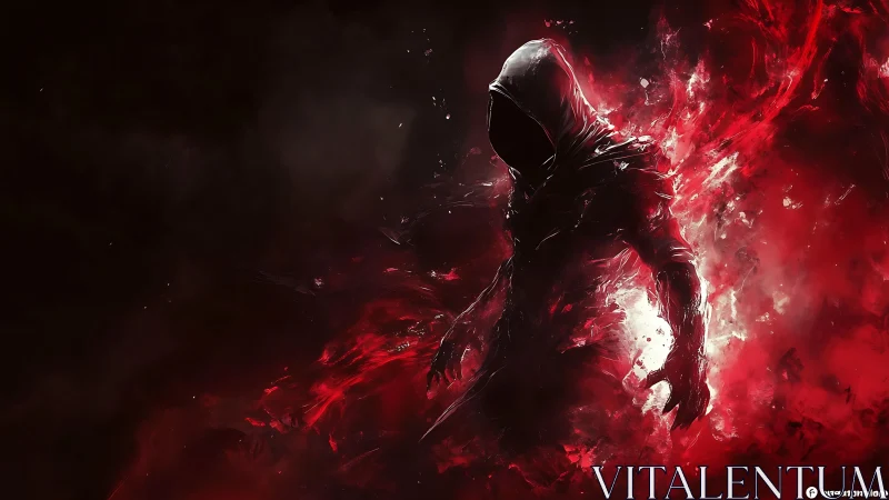 Shadowy hooded figure walks through swirling red energy veil