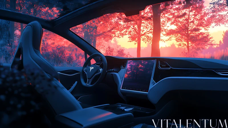 Tesla car interior overlooking vivid red forest sunset scene.