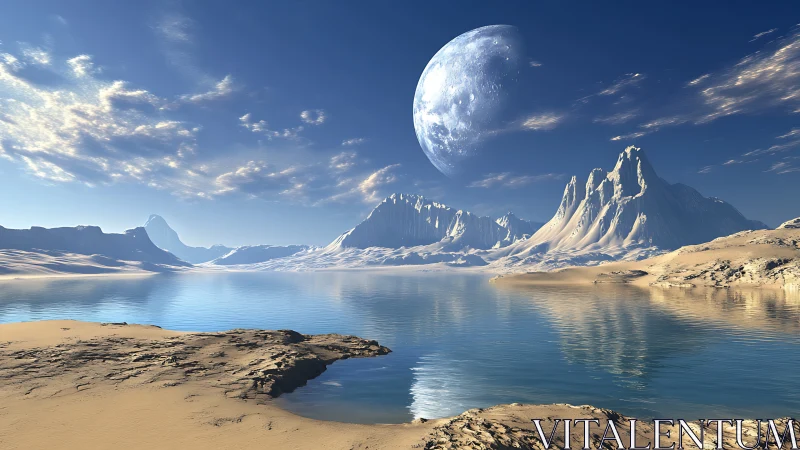 Alien coastal exoplanet landscape with large moon and reflective water