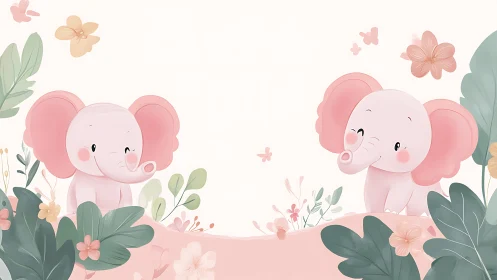 Tiny pink elephants trade shy smiles in a pastel jungle nursery