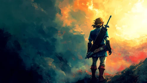 Backlit fantasy swordsman in atmospheric digital landscape.