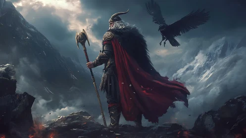 Armored Norse warlord surveys storm-clad mountains in profile