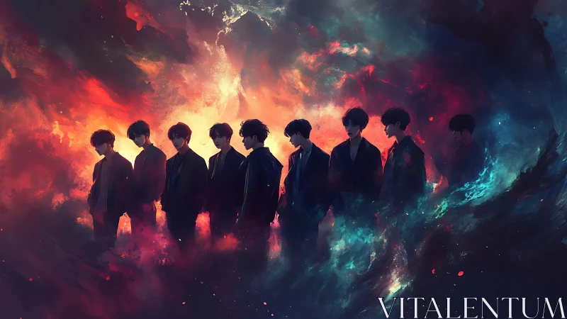 Silhouetted figures in nebula-like abstract color field.