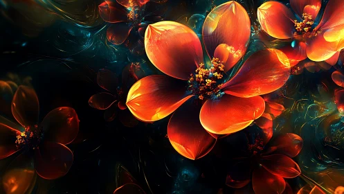 Luminous digital flowers glow against a dark cosmic backdrop.