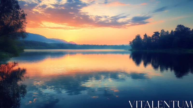 Sunset sky reflects over calm forest lake horizon