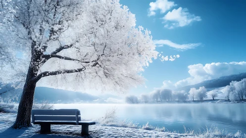 Quiet winter lakeside bench under soft frosted branches.