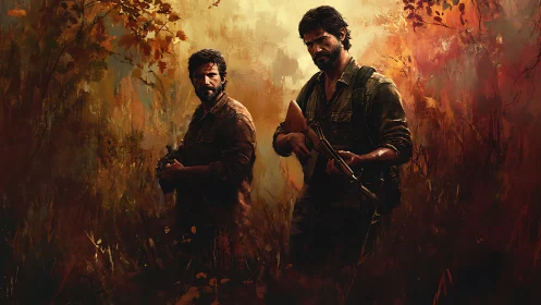 Two armed men stand in dense autumn foliage and filtered light