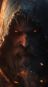 Hooded ember-eyed warlock studies mortals through rising sparks