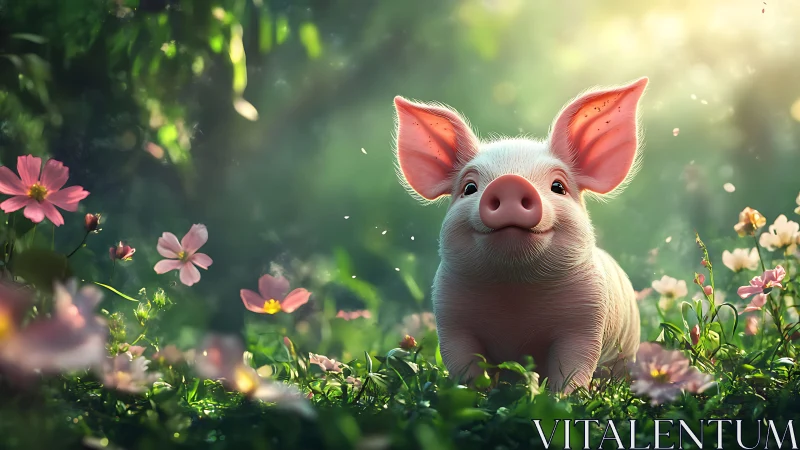 Young pig standing in flower meadow under soft daylight.