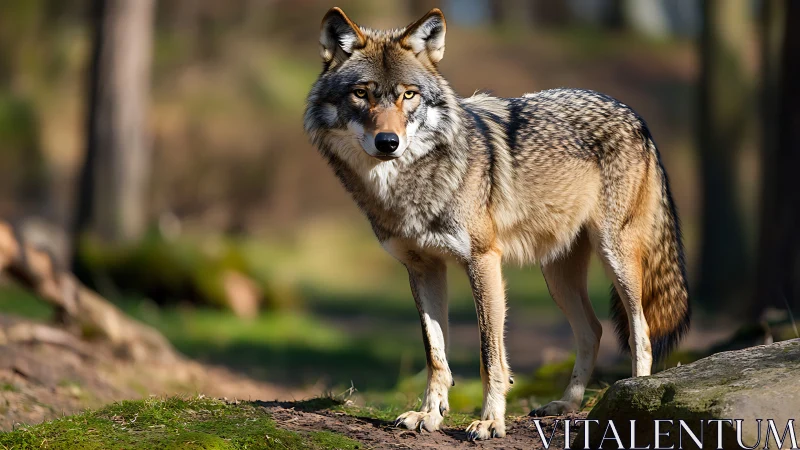 High-resolution side profile of gray wolf in shallow woodland depth