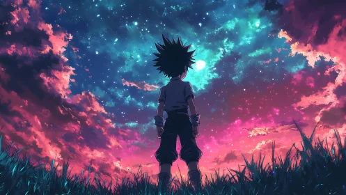 Anime boy stands in grass under vivid cosmic night sky.
