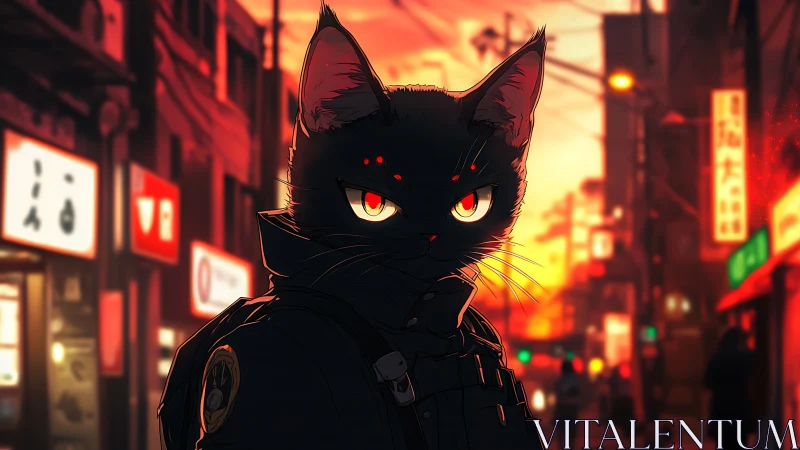 Neon-eyed black cat operative in dusk-lit city streets.