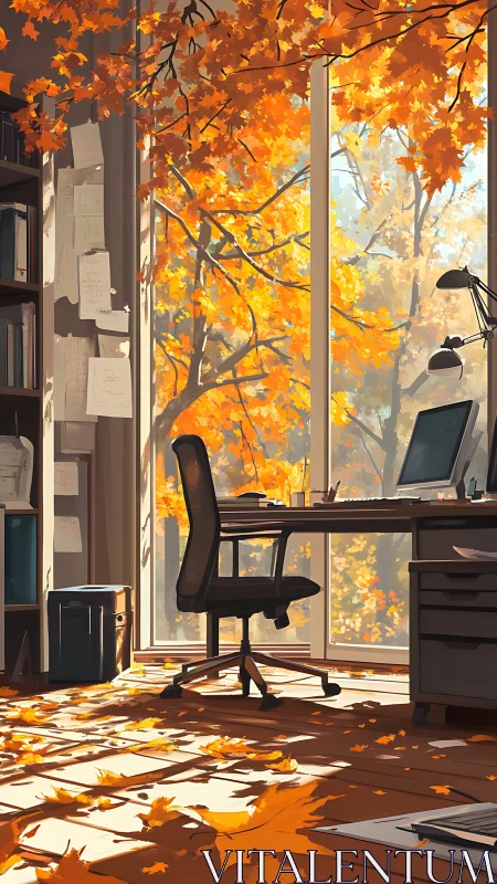 Autumn-lit workspace with backlit foliage and strong cast shadows