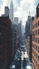 Midday urban canyon with wet streets and New York skyline.