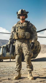 Modern soldier in full combat gear on desert airfield.